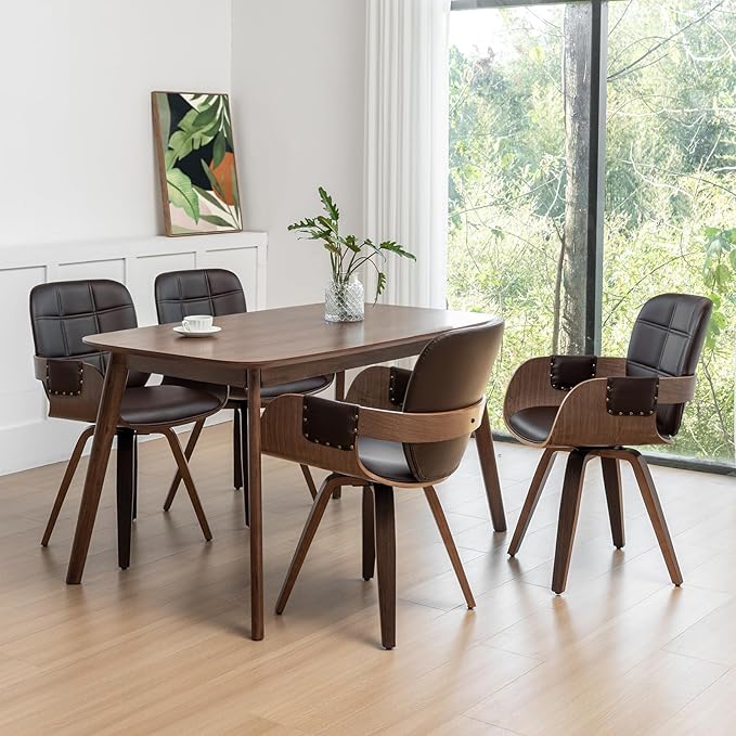 Set of 4 Swivel Walnut Dining Chairs - Mid Century Dining Chairs with Arm and Curved Back, Walnut Craftsmanship, Bentwood Structure, Perfect for Living Room/Reception/Restaurant/Kitchen (Coffee Brown)