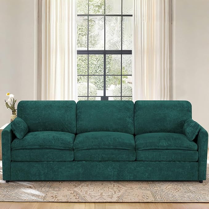 89” Chenille Sofa w/Arm Pillows, Upholstered 3-Seater Sofa w/Comfortable Back Cushions, Modern 3 Seats Couch w/High-Density Foam for Living Room, Apartment, Office, Teal