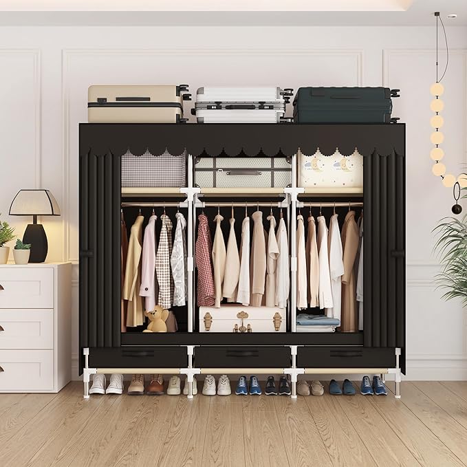 Portable Wardrobe Closet Durable and Easy to Assemble Heavy Duty Clothes Rack with Non-Woven Cover Fabric Best for Bedroom and Easy Storage and Organization (Brown-A)