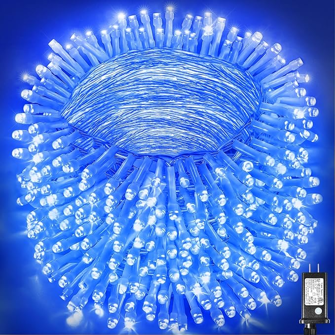 328FT 1000 LED Christmas Lights Outdoor - 8 Modes Christmas String Lights Clear Wire with Time Memory, Waterproof Plug in Fairy String Lights for Indoor Outdoor Home Party Garden Decoration, Blue