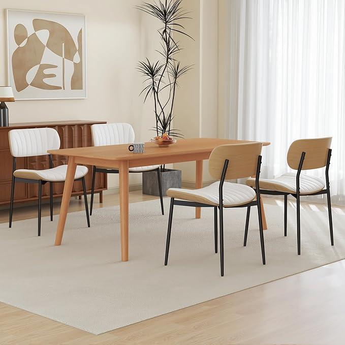 Modern PU Leather Dining Room Chairs Set of 4, Upholstered Kitchen Chairs with Curved Wood Backrest and Metal Legs Adjustable Feet for Kitchen Dining Room(White)