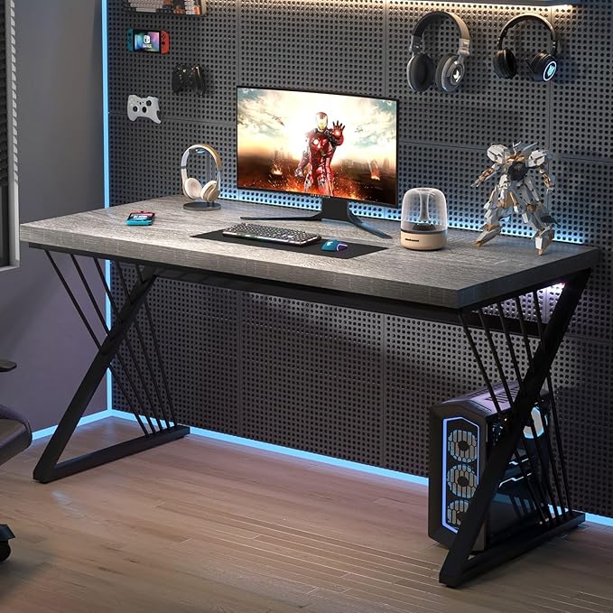 FOLUBAN Modern Desk, Rustic Wood and Metal Computer Desk for Home Office, Simple Study Writing Gaming Table for Bedroom Living Room, Light Grey, 53 Inch