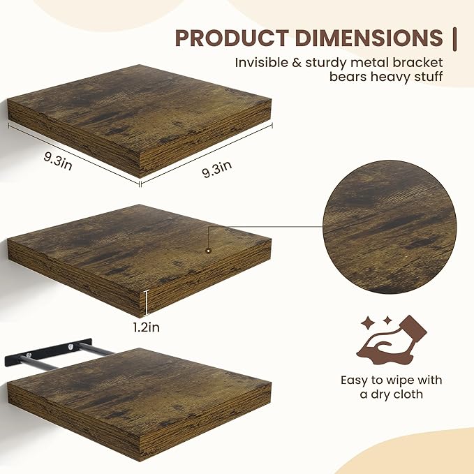 Fun Memories Floating Shelves for Wall - 9.3 Inch Square Shelves with Invisible Brackets, Small Wall Shelf for Living Room, Bathroom, Bedroom, and Kitchen Decor，Brown Set of 3