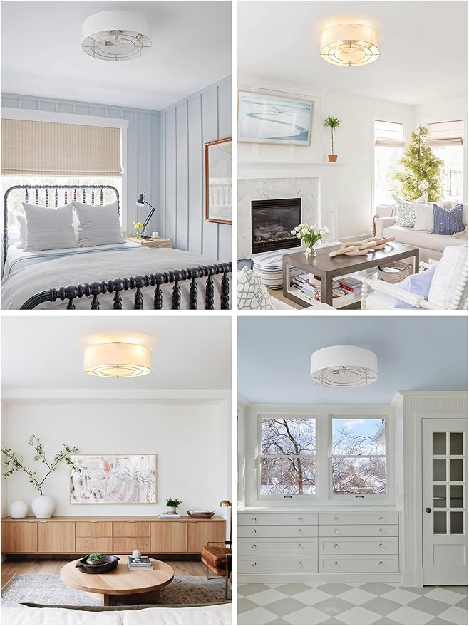 Low Profile Ceiling Fans with Lights, 20" Flush Mount Ceiling Fan with Light, Boho Bladeless with 6 Speeds, Rattan Remote Control for Bedroom, Nursery, Living Room