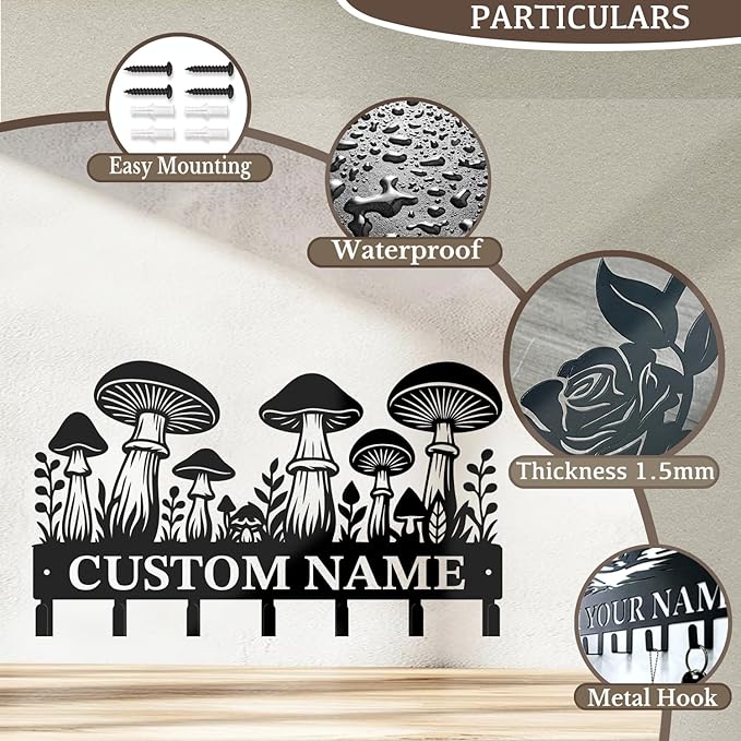 Customized Keys Holder - Personalized Mushroom Wonderland Key Hooks Wall Metal Sign Decor,Wall Holder,Door Hook (Style B)