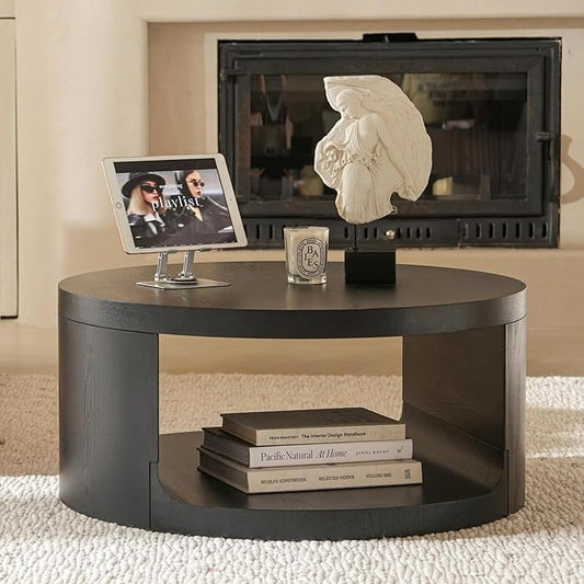 Round Coffee Table with Storage, 31.5" Modern Living Room Table, 2 Tier Circle Wood Center Tables for Apartment, Living Room, Open-Style Storage Black Coffee Tables, 31.5"*15.7"(Black)