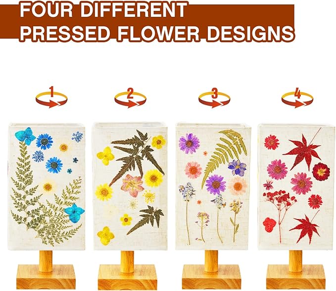 Hortsun Pressed Flower Lamp Vintage Table Small Lamp Cottagecore Decor Boho Night Light Decorative Rustic Night Light for Bedroom, Living Room or Office, Christmas Gift for Women(Square Style)