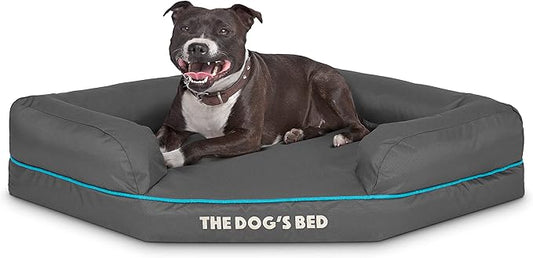 The Dog’s Bed Memory Foam Waterproof Corner Dog Bed, Medium, Grey & Blue Trim, Eases Arthritis & Hip Dysplasia Pain, Therapeutic & Supportive, Washable Oxford Fabric Cover