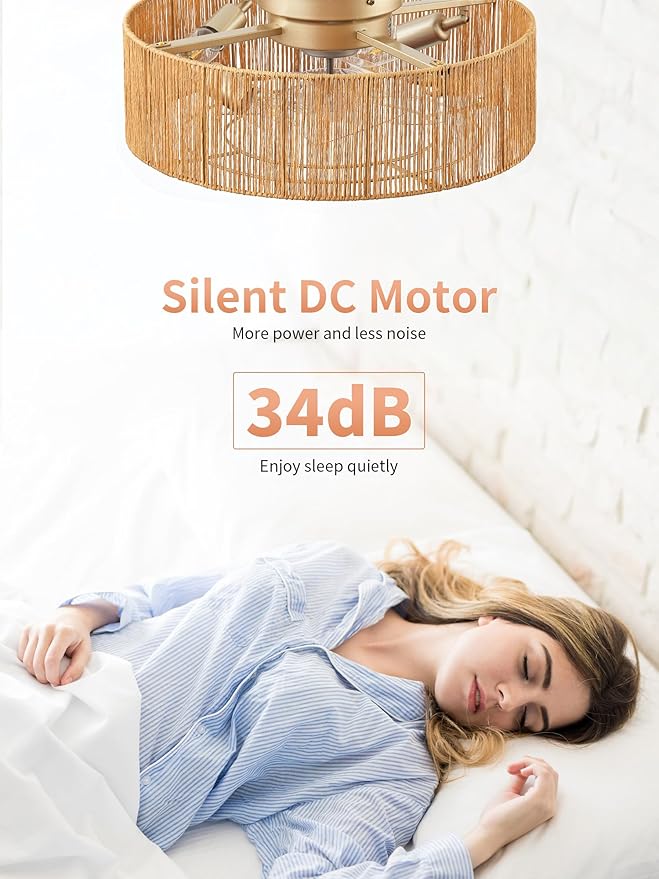 Ceiling Fans with Lights, 20" Boho Ceiling Fan with Light Flush Mount, Rattan Low rofile with 6 Speeds, Remote Control for Bedroom, Nursery, Living Room