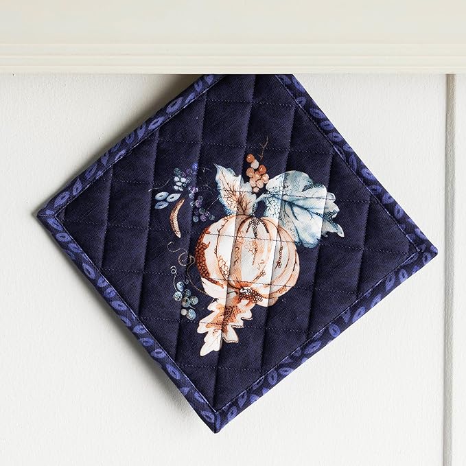 Maison d' Hermine Pot Holders 100% Cotton Heat Resistant Potholders 8" x 8" Hot Pads with Loop for Thanksgiving Christmas Decorations BBQ Cooking Baking Handling Hot Pans (Pack of 1, Pumpkin Blues)