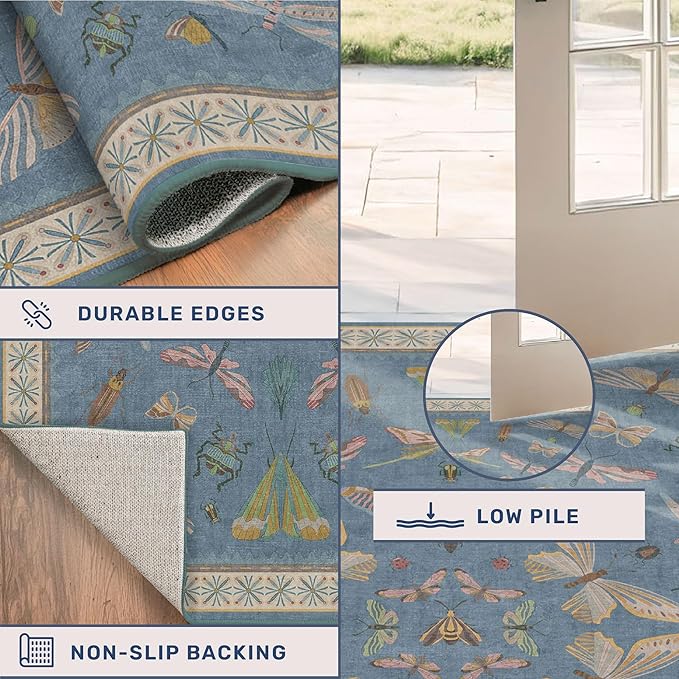 Dusty Blue Bathroom Rug 2x4 - Aqua Blue Rug for Entryway Indoor Entrance, Kitchen Floor, Washable Low Pile Stain & Fade Resistant, Waterproof Insect Floral Decor