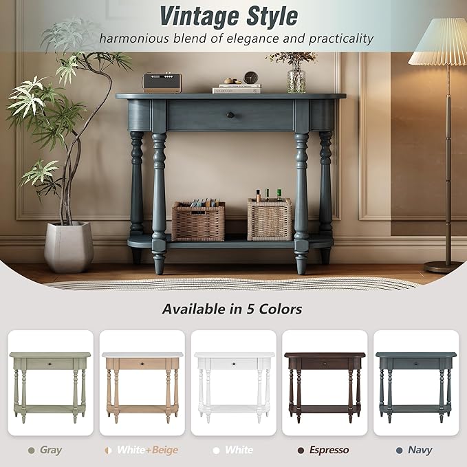 HMFULE Retro Curved Console Table, 36" Solid Wood Half Moon Console Table Sofa Table Entryway Table with 1 Drawer 1 Open Shelf Roman Legs Curved Corners for Living Room,Entryway,Hallway,Navy