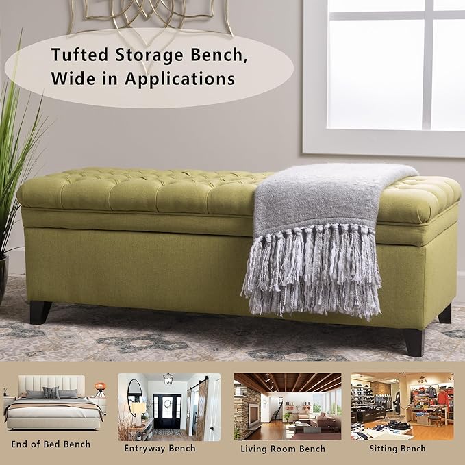 Setawix Linen Storage Benches for Bedroom,50" Bed End Bench with Storage,Tufted Green Storage Ottoman Bench for Living Room,Rectangle Entryway Benches with Storage and Seating (Olive Green, Linen)