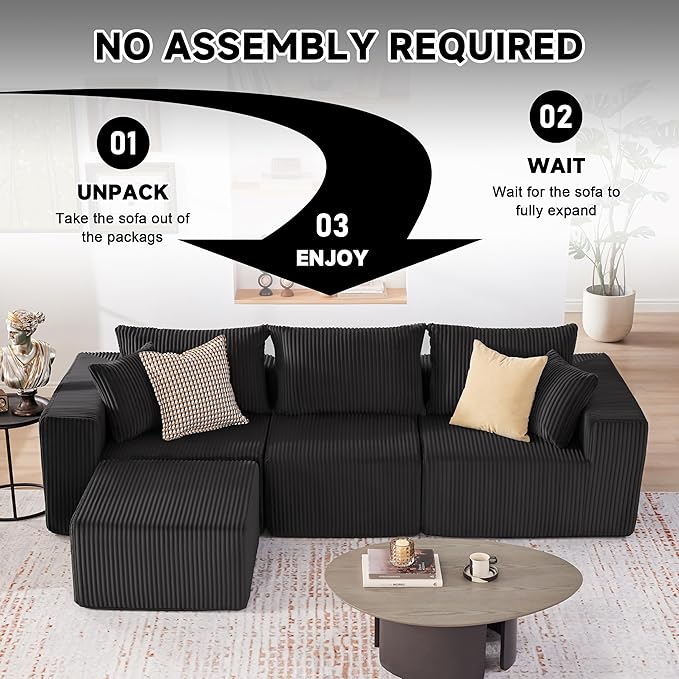 107.4" Cloud Couch Sectional, Modular Sofa with Deep Seat, Plush Corduroy L Shaped Boneless Couch, Convertible Sectional Couches for Living Room, 4Seat, Black