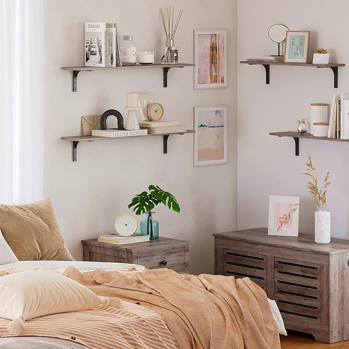 DINZI LVJ Long Wall Shelves, 39.4Inch Wall Mounted Shelves Set of 2, Extra Large Floating Storage Ledges with Sturdy Metal Brackets for Living Room, Bathroom, Bedroom, Kitchen, Greige