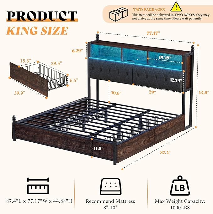 AMERLIFE King Size Bed Frame with Bookcase Headboard, 4 Storage Drawers, Wooden Platform Bed with Charging Station & LED Light, No Box Spring Needed, Noise-Free, Rustic Brown