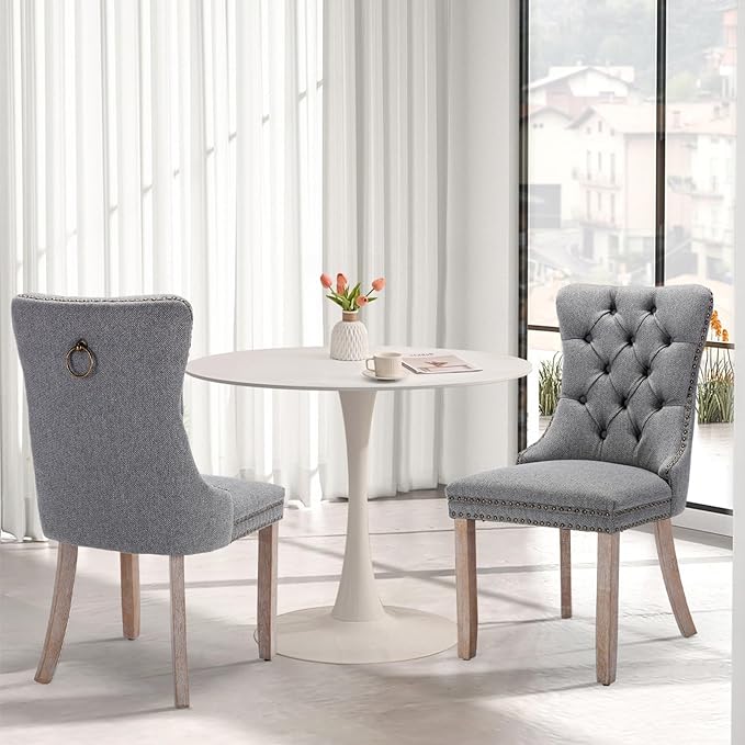SoarFlash Kitchen Table and Chairs for 2, 31.5" Dining Table Set for 2 with Linen Upholstered Chairs, 3 Piece Round Kitchen Table Set, Dining Room Table Set for Small Space, Apartment, Grey/White