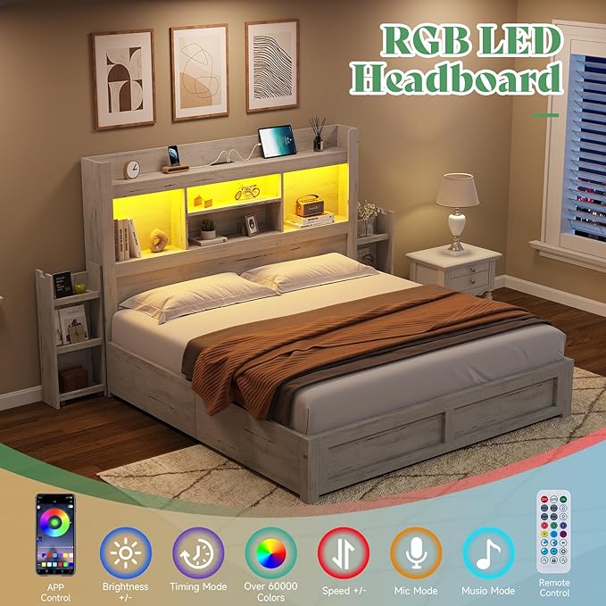 AMERLIFE Full Bed Frame with 4 Storage Drawers, LED Bed Frame with 49.6" Tall Bookcase Headboard, Wood Platform Bed with Charging Station & 2 Slide Bedside Shelf, No Box Spring Needed/Distressed White