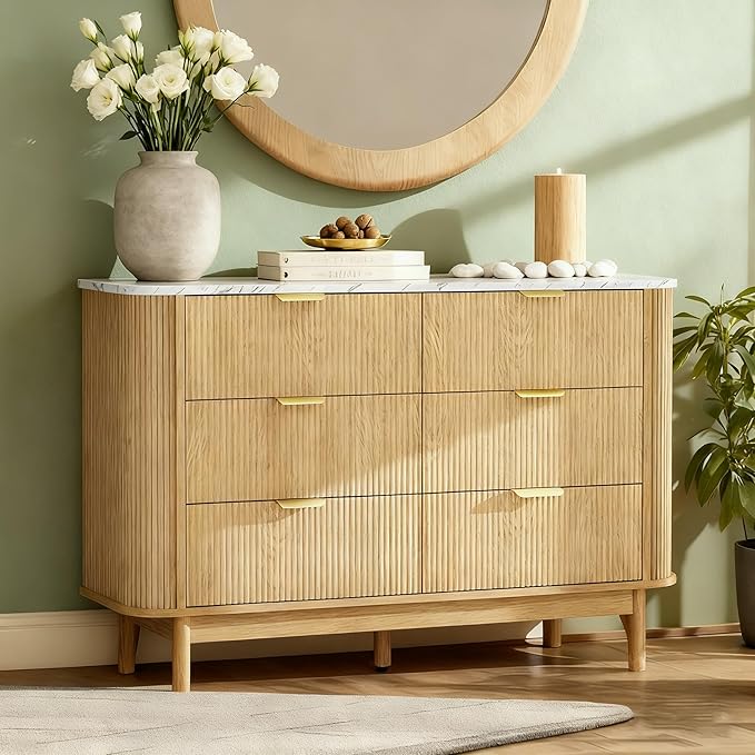 Fluted 6 Drawer Storage Cabinet, 47" Wide Chest of Drawers with Faux Marble Top & Curved Profile Design, Modern Buffet Cabinet, Wood Sideboard for Living Room, Hallway, Natural