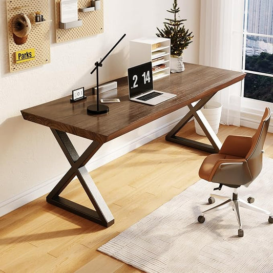 Solid Wood Rustic Style 55.1-inch Computer Desk - Large Office Desk for Home Office, Modern and Simple Design, Ideal for Dining,Study, Writing
