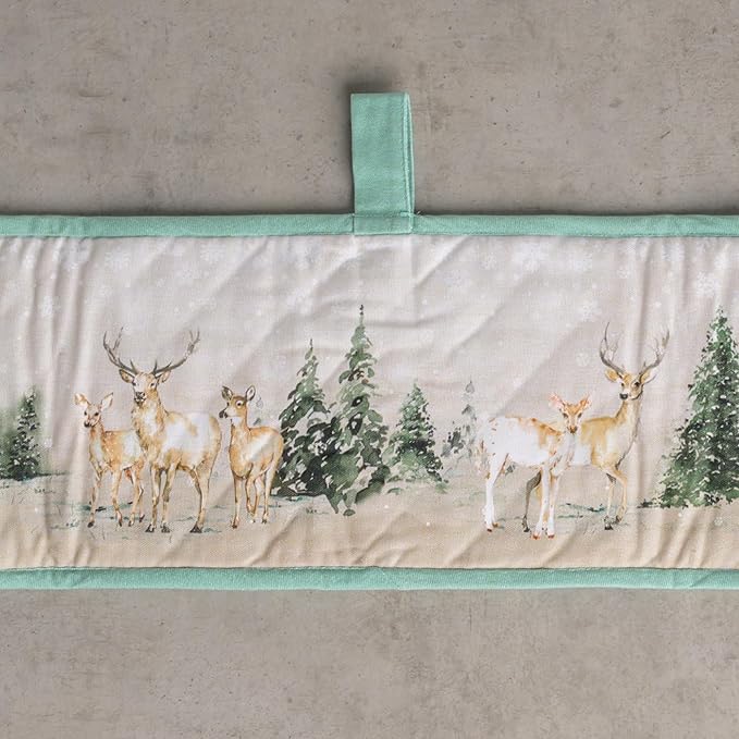 Maison d' Hermine Double Oven Mitt (7" x 35") 100% Cotton Heat Resistant BBQ Cooking Gloves with Loop for Thanksgiving Christmas Decorations Baking Cooking Handling Hot Pan (Deer in The Woods)