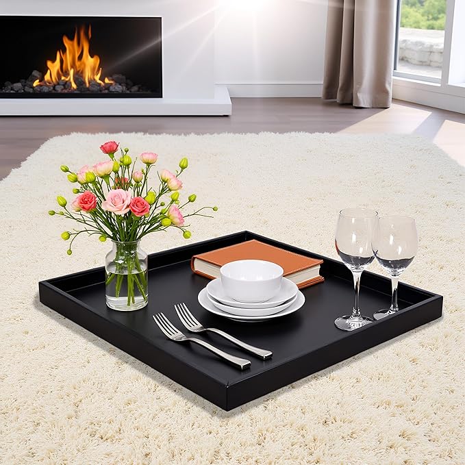 20 * 20 inches Luxury Leather Square Oversized Service Tray, Ottoman & Coffee Tray for Family Dinner, Out-of-House Picnic & Party (Black)