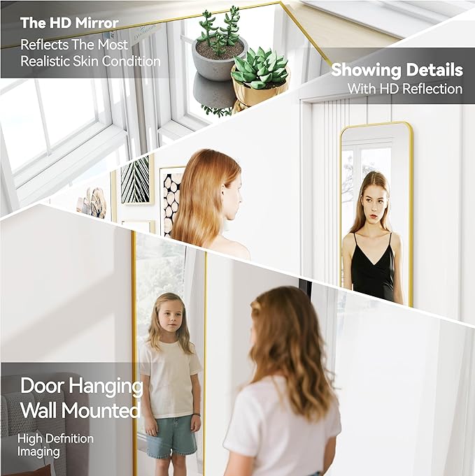 47x14 Mirror Full Body Length Door Hanging/Rope Hang/Wall Mounted Metal Frame Rectangle Mirrors for Bedroom Bathroom Dressing Living Room 47 inch Gold