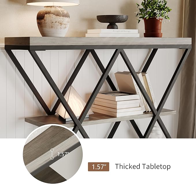 Garvee 3-Tier Entryway Table, Industrial Console Sofa Table with Storage, Accent Table with Open Shelves, X-Shaped Metal Frame, Foyer Table for Entryway, Hallway, Gray