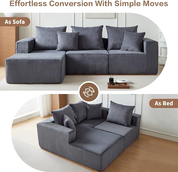 101" Sectional Couches for Living Room,Boneless Cloud Couch,L-Shaped Sofa with Oversized Deep Seat,Comfy Couch for Bedroom,Compressed Sofa in a Box,No Assembly Required,Grey