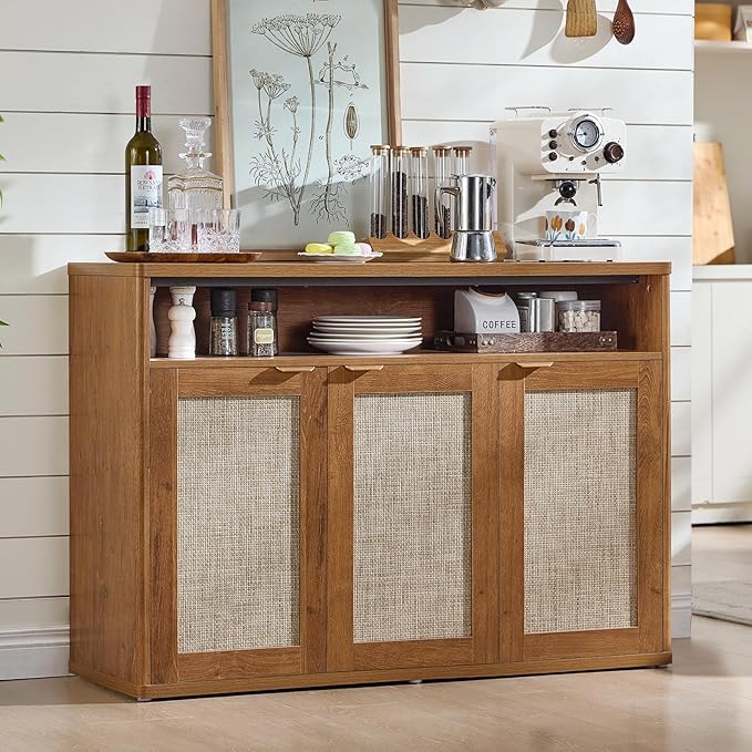 LEYAOYAO Rattan Sideboard Buffet Cabinet,45" Coffee Bar Cabinet with 3 Doors & Open Storage Shelf,Modern Credenza Console Table for Living Room Rattan Farmhouse entryway Brown