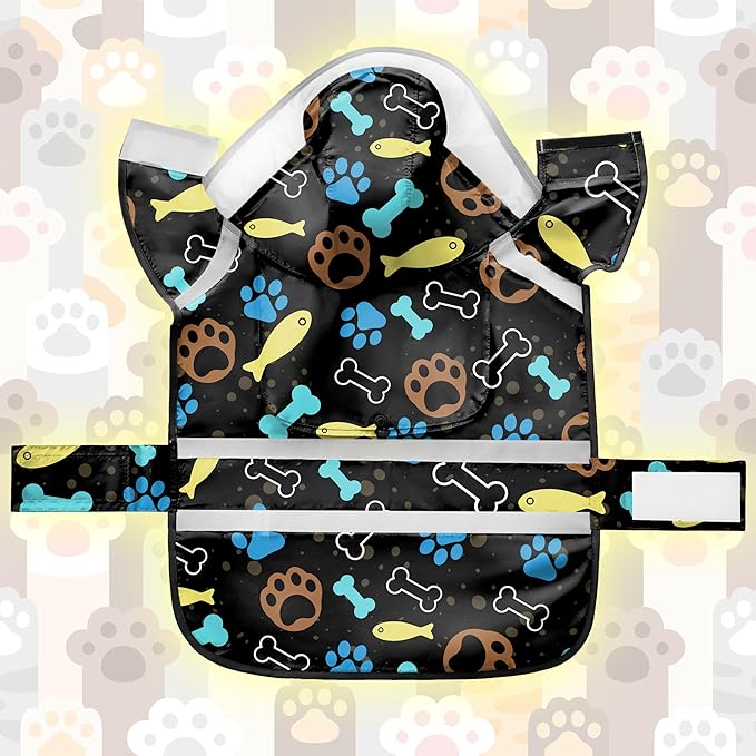 Dog Raincoat, Adjustable Dog Rain Jacket with Clear Hooded Double Layer for Large Medium Small Dogs Puppies, Waterproof Rain Coat Poncho Paw Print, Black-L