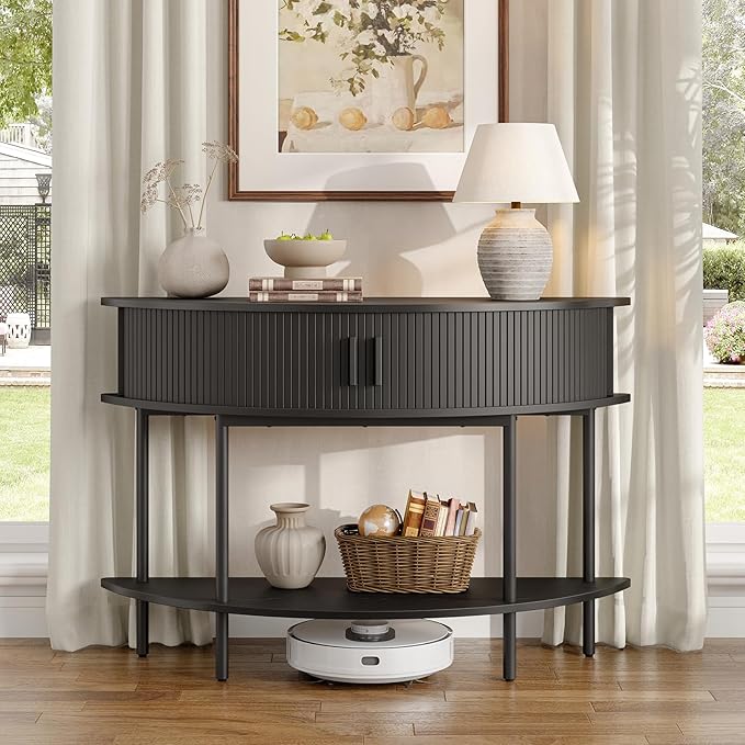 ONBRILL Half Moon Fluted Console Table, Entryway Table with Storage, Mid-Century Modern Sofa Tables, Behind Couch Tables, for Entryway, Hallway, Living Room, Small Spaces, Black