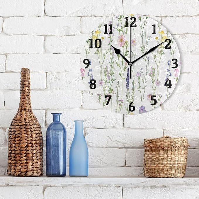 Wall Clock Floral Silent Non Ticking Wall Clock Decorative Battery Operated Wall Clocks for Home Kitchen Bedroom Living Room Office