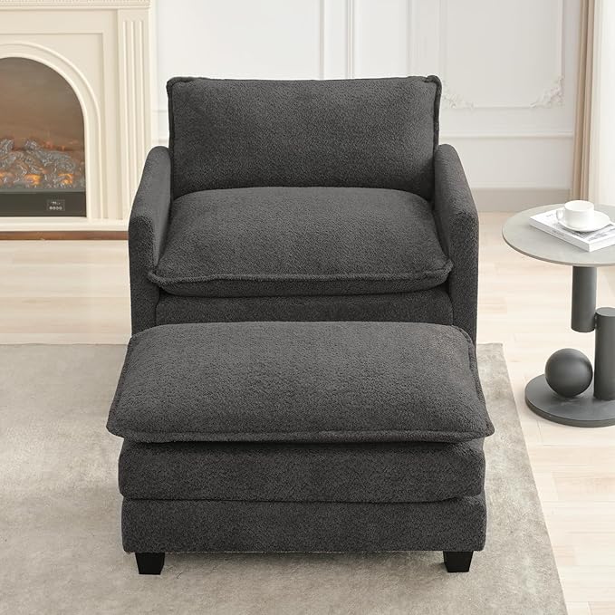 ROWHY Convertible Sectional Couch with Ottoman, Single Armchair with armrests, Modern Living Room Furniture Set, Small Couches for Small Spaces, for Living Room, Chenille, Charcoal Grey