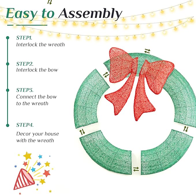 Sweetcrispy Pre-Lit Christmas Wreath, LED Lighted Holiday Outdoor Decoration with Bow for Door, Mantel, Wall, Windows, Front Door Decor, 47.5in Green Wreath - Red Bow