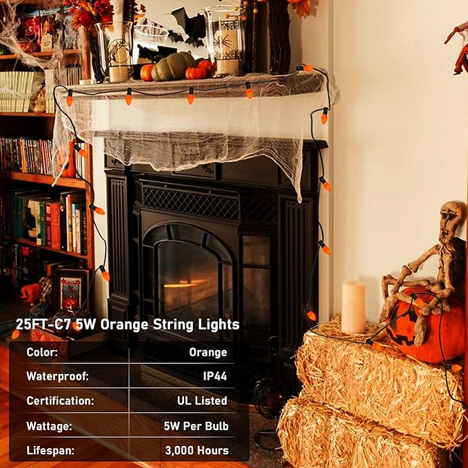 SUNSGNE C7 Halloween Orange String Lights 25FT Outdoor String Lights with 27 5W Orange Glass Bulbs(2 Spare) for Patio Garden Roofline Backyard Decorations, Black Wire