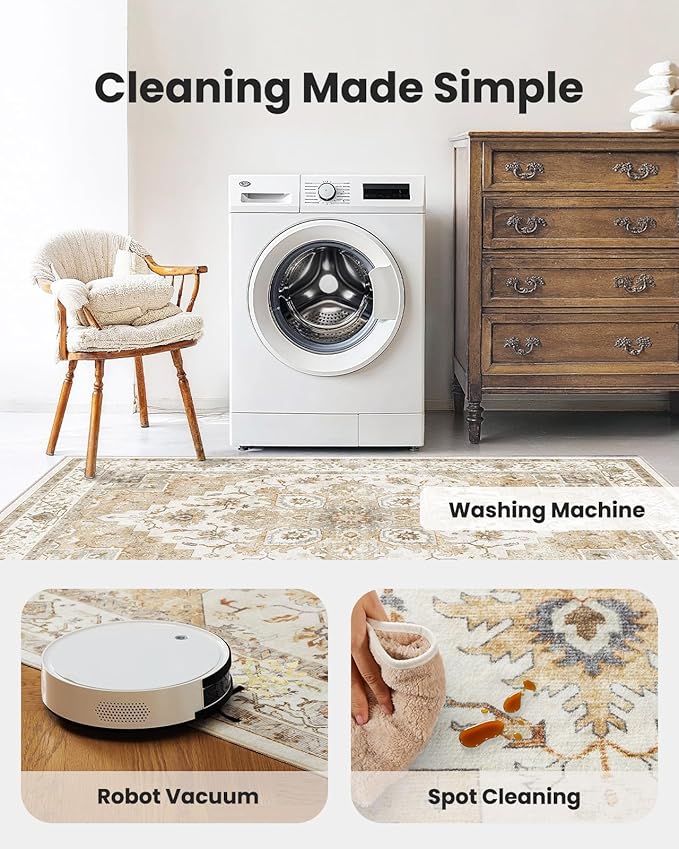 AMADA HOMEFURNISHING 8ft Round Area Rug, Low-Profile Washable 8x8 Rugs with Non-Slip Backing & Durable Edge Binding, Vintage Rug for Kitchen, Bedroom & Hallway, Beige