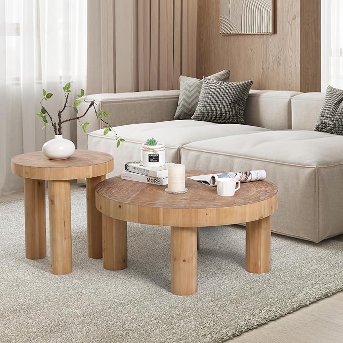 RUSTOWN 2-Piece Round Farmhouse Coffee Table, Rustic Coffee Table Sets, Circle Wooden Ring Finish with Solid Wood Legs, Center Tables Set for Living Room (Natural)