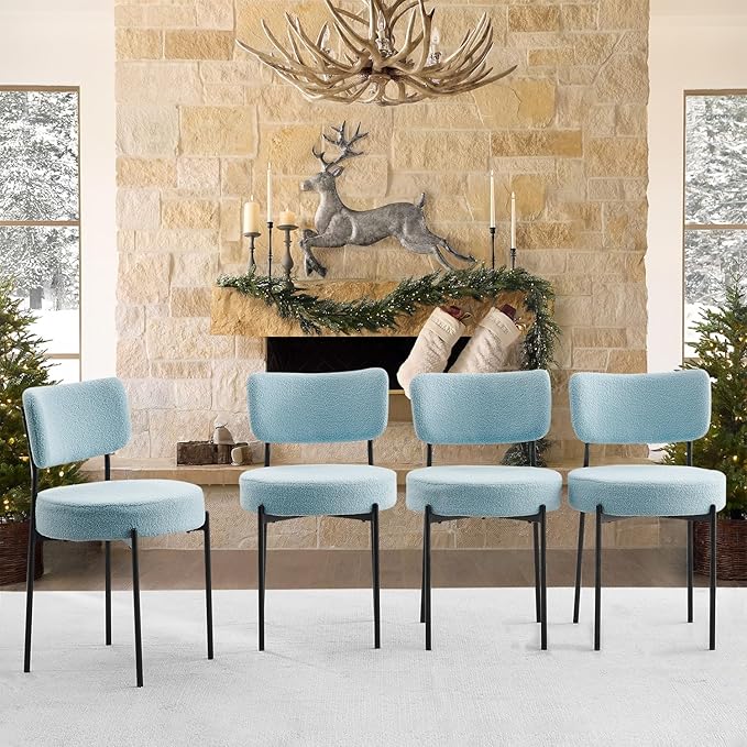 Blue Boucle Dining Chairs Set of 8, Upholstered Dinner Chair with Metal Frame, Dining Room Chairs with Padded Seat, Round Modern Seating for Living Room