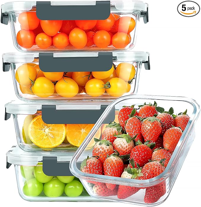 KOMUEE 30 oz 5 Pack Glass Meal Prep Containers, Glass Storage Containers with Lids - Dishwahser, Microwave, Oven and Freezer Safe
