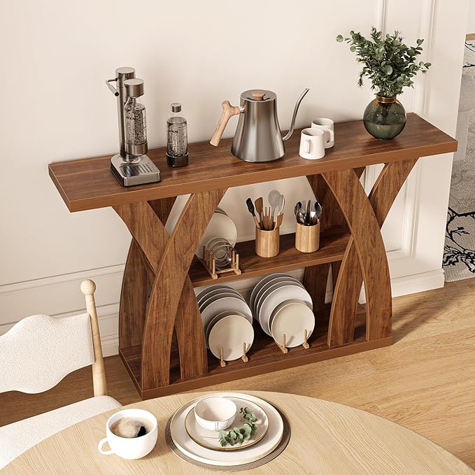Console Tables, 55-Inches Walnut Console Table with Storage 3-Tier Farmhouse Narrow Entryway Table for Living Room, Hallway, Foyer(Brown)