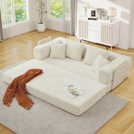 Antetek Convertible Sofa Bed, Comfy Corduroy Fluffy Love seat Sleeper Sofa, 5 in 1 Folding Couch Bed, Fold Out Floor Couch with Pillows for Bedroom, Living Room, Office, Wide Stripes, Beige