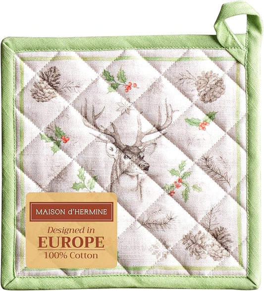 Maison d' Hermine Pot Holders 100% Cotton Heat Resistant Potholders 8" x 8" Hot Pads with Loop for Thanksgiving Christmas Decorations BBQ Cooking Baking Handling Hot Pans (Pack of 1, Christmas Dew)