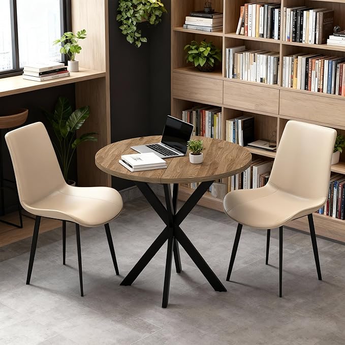 31.5" Round Dining Table and Chairs Set for 2, Small Dining Table Chairs Set Space-Saving, Round Table Set with Upholstered Chairs for Kitchen Dining Room Apartment(Natural + Beige)