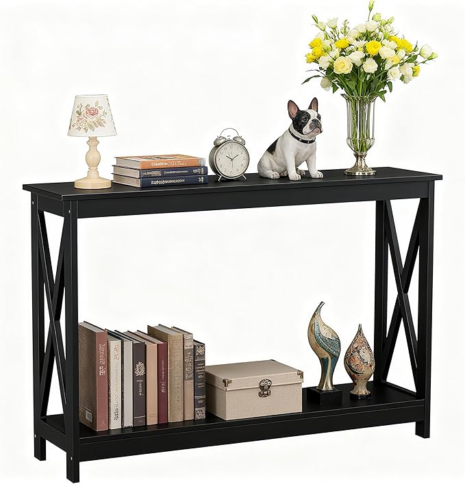 SUPER DEAL Console Table 47”, 2-Tier Narrow Sofa Side Table with Storage Shelf, Entrance Table for Hallway/Foyer/Living Room/Corridor/Office, Black