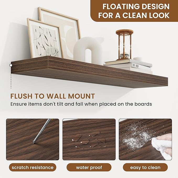 fuqing Floating Shelves for Wall, Wall Mounted Wood Floating Shelf with Invisible Brackets for Living Room, Bathroom, Bedroom, Kitchen Storage and Decor, 32 Inch Set of 2, Walnut
