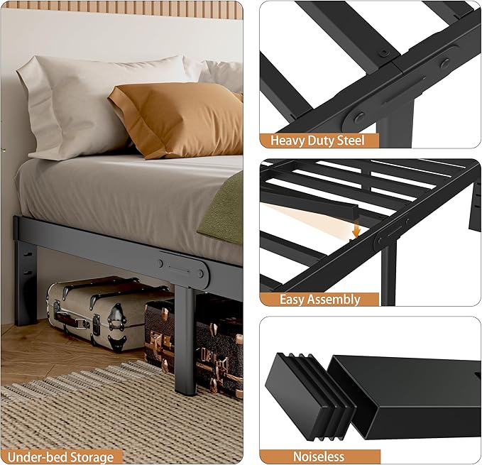 King Size Bed Frames 16 Inch, Metal Black King Bed Frame No Box Spring Needed, DIY Headboard Holes, Heavy Duty Steel Support 3500 LBS, Noiseless, Round Corner Leg, Storage Space, Easy Assembly