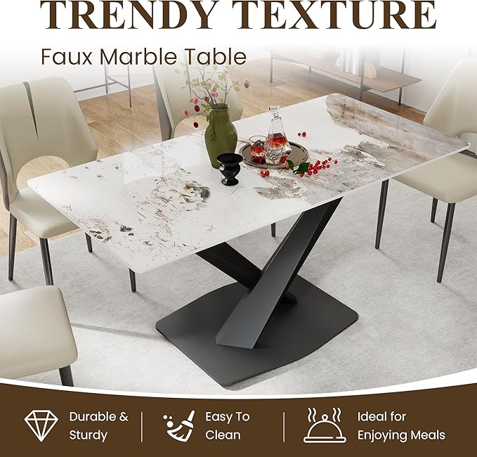 63" Modern Dining Table for 4-6 People, White Sintered Stone Table Top with X-Shape Carbon Steel Pedestal, Large Rectangular Table for Kitchen Living Room