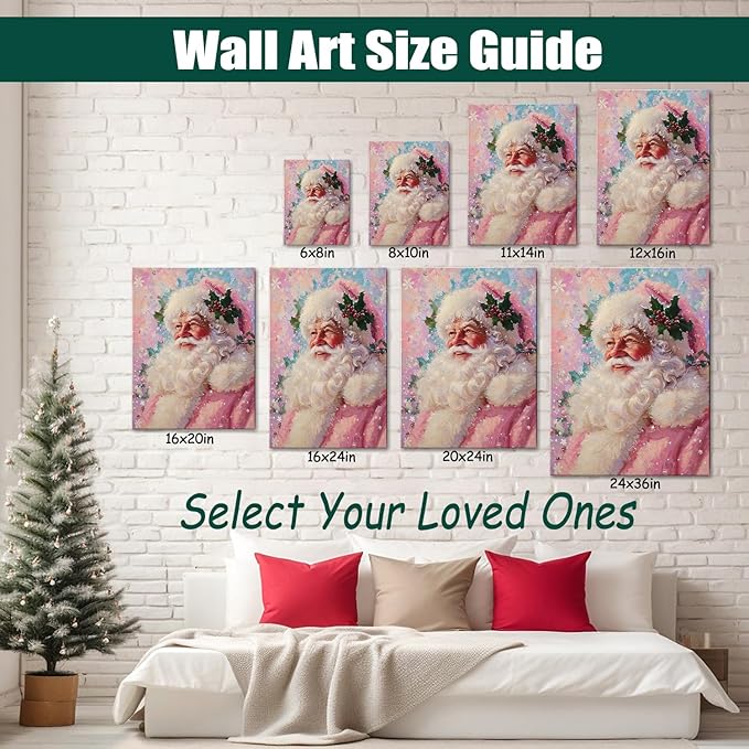 Vintage Pink Santa Claus Girl Christmas Canvas Wall Art - Whimsical Framed Print for Bedroom & Living Room, Unique Christmas Gifts, Playful Christmas Decorations & Pink Winter Decor