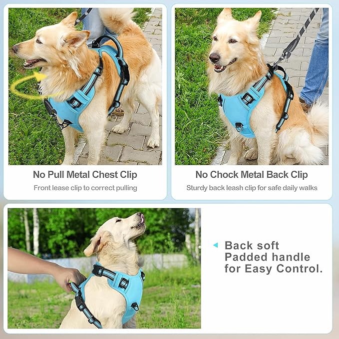 No Pull Dog Harness, Reflective Comfortable Vest Harness with Easy Control Handle Adjustable Soft Padded Pet Vest for Small to X-Large Dogs (Sky Blue, X-Large (Approx Weight:49.60-99.20 LB))
